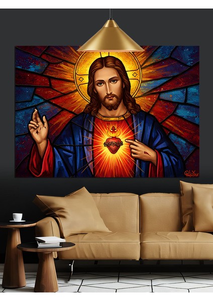 Isa Mesih Kutsal Kalp Vitray Dekoratif Kanvas - Mdf Ahşap Tablo fırsatları