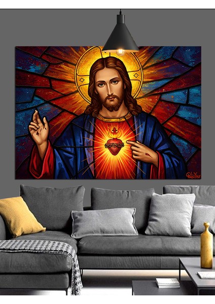 Isa Mesih Kutsal Kalp Vitray Dekoratif Kanvas - Mdf Ahşap Tablo indirimleri