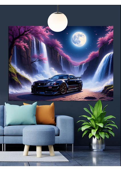 Dolunayda Siyah Spor Araba Dekoratif Kanvas - Mdf Ahşap Tablo