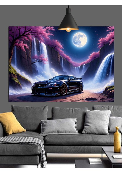 Dolunayda Siyah Spor Araba Dekoratif Kanvas - Mdf Ahşap Tablo modelleri