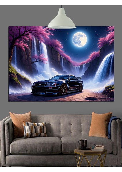 Dolunayda Siyah Spor Araba Dekoratif Kanvas - Mdf Ahşap Tablo fırsatları