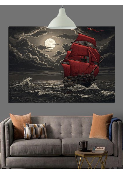 Fırtınalı Denizde Kırmızı Yelkenli Dekoratif Kanvas - Mdf Ahşap Tablo