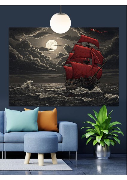 Fırtınalı Denizde Kırmızı Yelkenli Dekoratif Kanvas - Mdf Ahşap Tablo modelleri