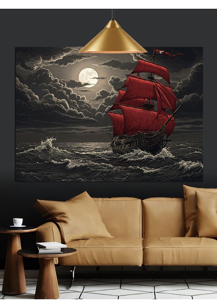 Fırtınalı Denizde Kırmızı Yelkenli Dekoratif Kanvas - Mdf Ahşap Tablo fırsatları