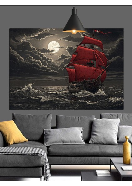 Fırtınalı Denizde Kırmızı Yelkenli Dekoratif Kanvas - Mdf Ahşap Tablo indirimleri
