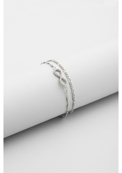 Sonsuz Aşk 18 Ayar Beyaz Altın Kaplama 19 cm Gümüş Zincir Bileklik