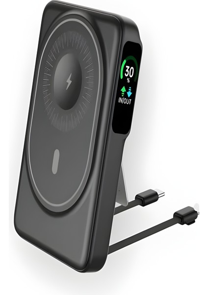 10000MAH 22.5W Type-C Lightning Kablolu/kablosuz Standlı Telefon/saat Şarj LCD Magsafe Powerbank