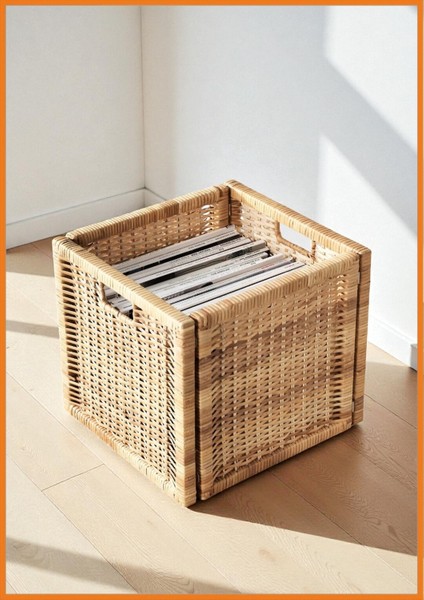 Sepet Hasır Rattan El Dokuma Kulplu Doğal Malzeme Eşya Kitap Oyuncak Saklama Kutusu 32 x 34 x 32 cm Kahverengi