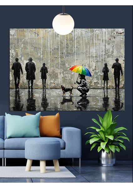 Yağmurlu Günde Şemsiyeli Insanlar Dekoratif Kanvas - Mdf Ahşap Tablo