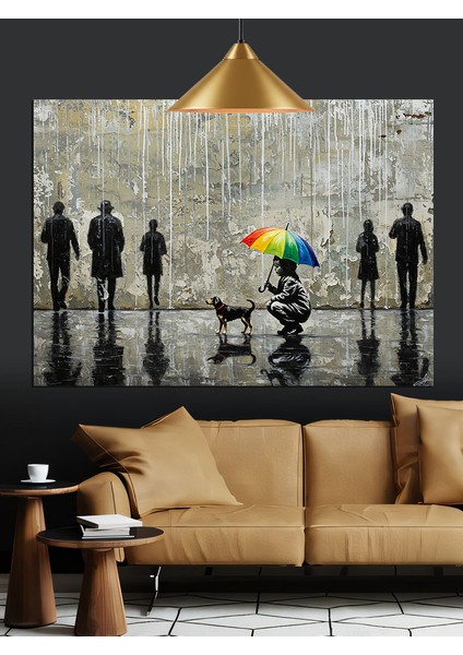 Yağmurlu Günde Şemsiyeli Insanlar Dekoratif Kanvas - Mdf Ahşap Tablo fiyatları