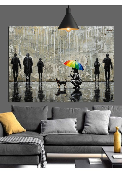 Yağmurlu Günde Şemsiyeli Insanlar Dekoratif Kanvas - Mdf Ahşap Tablo modelleri