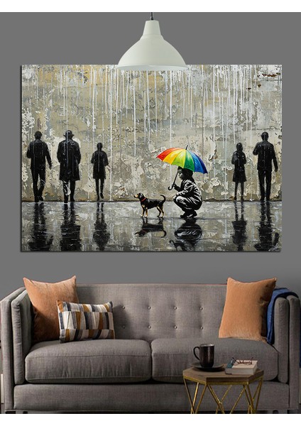 Yağmurlu Günde Şemsiyeli Insanlar Dekoratif Kanvas - Mdf Ahşap Tablo fırsatları