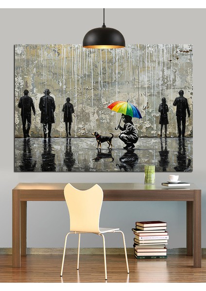 Yağmurlu Günde Şemsiyeli Insanlar Dekoratif Kanvas - Mdf Ahşap Tablo indirimleri