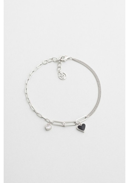 Siyah Kalp 18 Ayar Beyaz Altın Kaplama 19 cm Gümüş Minimal Bileklik