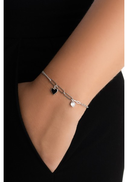 Siyah Kalp 18 Ayar Beyaz Altın Kaplama 19 cm Gümüş Minimal Bileklik fiyatları