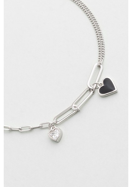 Siyah Kalp 18 Ayar Beyaz Altın Kaplama 19 cm Gümüş Minimal Bileklik indirimleri