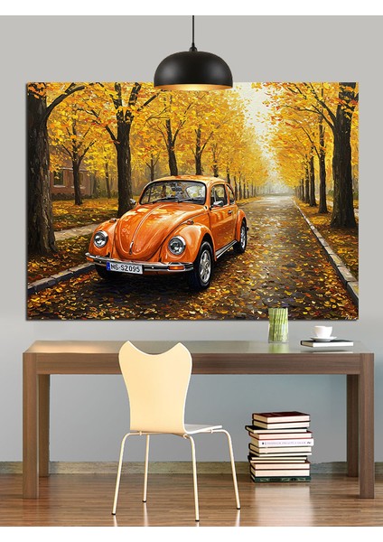 Sonbahar Yolda Eski Araba Dekoratif Kanvas - Mdf Ahşap Tablo