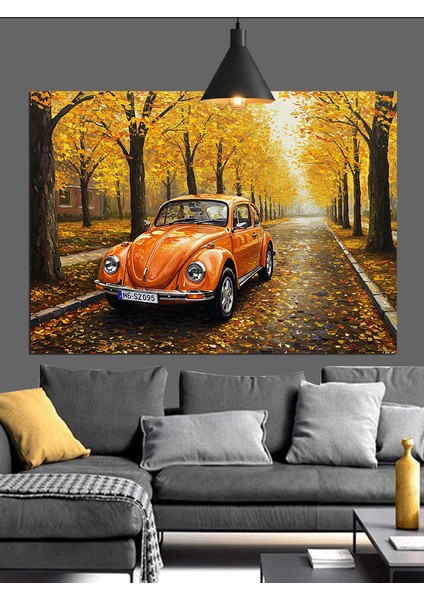 Sonbahar Yolda Eski Araba Dekoratif Kanvas - Mdf Ahşap Tablo fırsatları