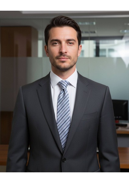 Gri Beyaz Lacivert Çizgili 7,5 cm Genişliğinde Ipek Kravat