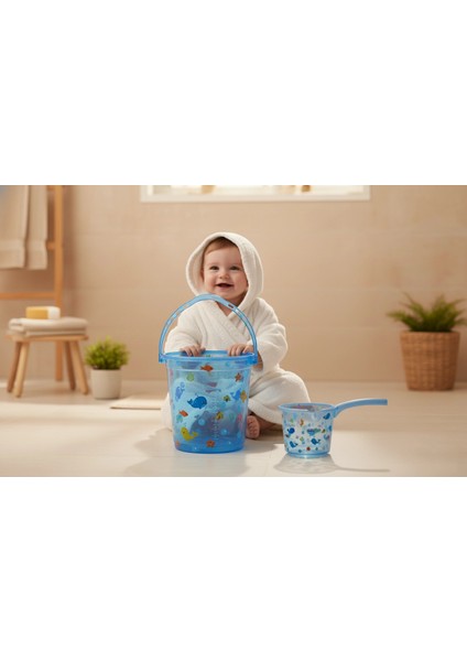 Babyjem 923 Şeffaf Kova & Maşrapa Set Mavi Desenli