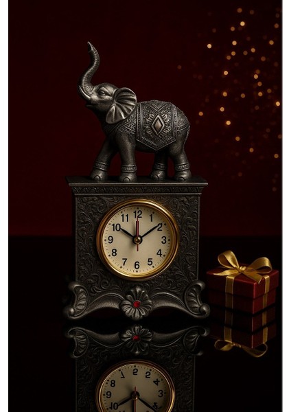 Fil Figürlü Zarif Masa Saati Bolluk Şans Simgesi Kırmızı Taş Detaylı Gri Renkli Fil Masa Saati 19 cm