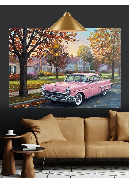 Pembe Klasik Araba Sonbahar Dekoratif Kanvas - Mdf Ahşap Tablo fırsatları