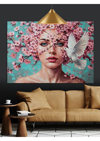 Çiçek Taçlı Kadın Portresi Güvercin Dekoratif Kanvas - Mdf Ahşap Tablo