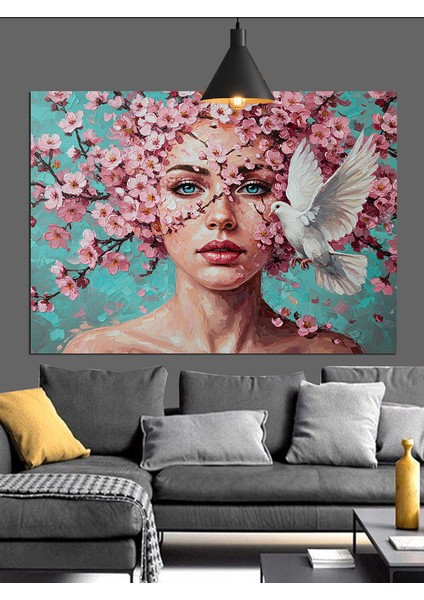 Çiçek Taçlı Kadın Portresi Güvercin Dekoratif Kanvas - Mdf Ahşap Tablo fiyatları