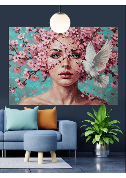 Çiçek Taçlı Kadın Portresi Güvercin Dekoratif Kanvas - Mdf Ahşap Tablo indirimleri