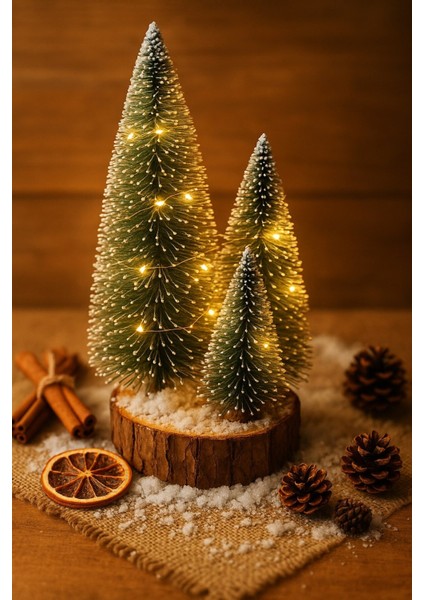 Ahşap Kütük Üzerinde 4’lü LED Işıklı Noel Kar Efektli Çam Ağaçları Seti 23 cm - 18 cm - 12 cm -13 cm