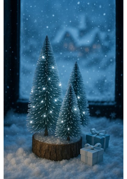 Ahşap Kütük Üzerinde 4’lü LED Işıklı Noel Kar Efektli Çam Ağaçları Seti 23 cm - 18 cm - 12 cm -13 cm modelleri
