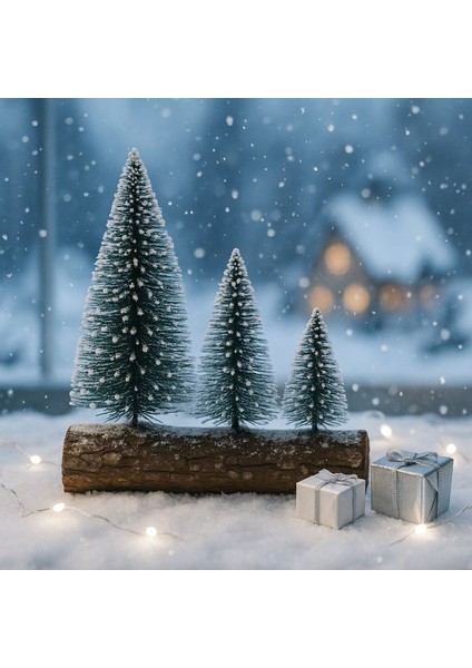 Hoşgeldin Yeni Yıl 3’lü Mini Kar Efektli Ahşap Kütük Üstünde Mini Noel Çam Ağacı Seti 16 – 11– 10 cm modelleri