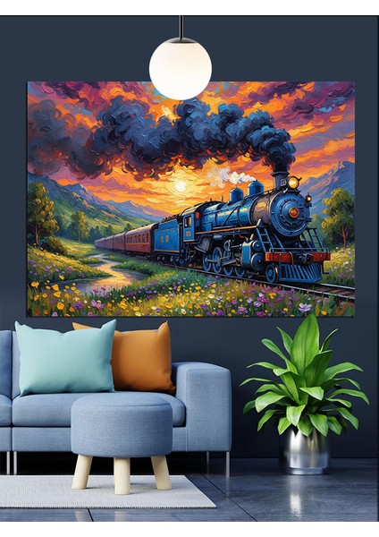 Buharlı Tren Karanlık Manzarada Dekoratif Kanvas - Mdf Ahşap Tablo