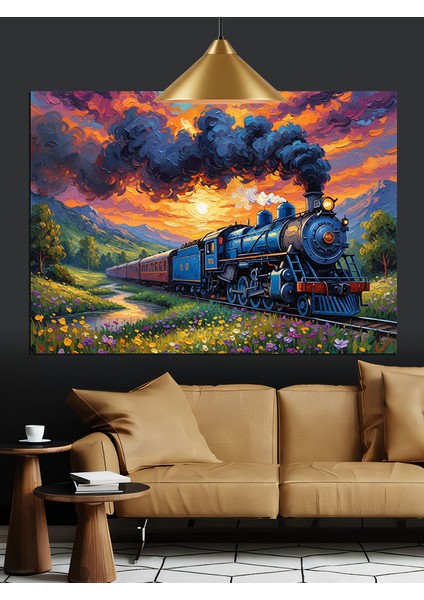 Buharlı Tren Karanlık Manzarada Dekoratif Kanvas - Mdf Ahşap Tablo fiyatları