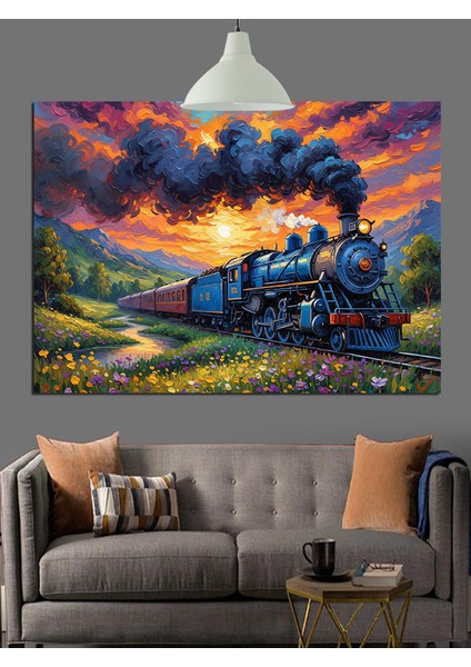Buharlı Tren Karanlık Manzarada Dekoratif Kanvas - Mdf Ahşap Tablo fırsatları