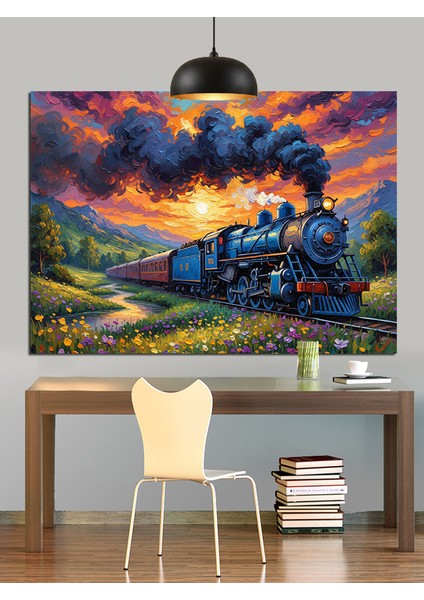 Buharlı Tren Karanlık Manzarada Dekoratif Kanvas - Mdf Ahşap Tablo indirimleri