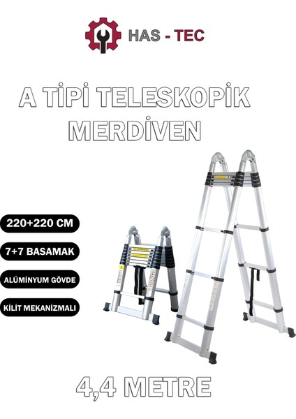 7+7 Basamaklı Çift Taraflı A Tipi Uzayan Teleskopik Merdiven 4,4 M