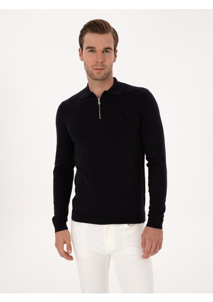 Erkek Lacivert Regular Fit Pamuk Karışımlı Fermuarlı Polo Yaka Basic Triko Kazak 50318721-VR033