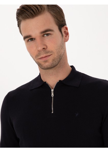Erkek Lacivert Regular Fit Pamuk Karışımlı Fermuarlı Polo Yaka Basic Triko Kazak 50318721-VR033 fiyatları