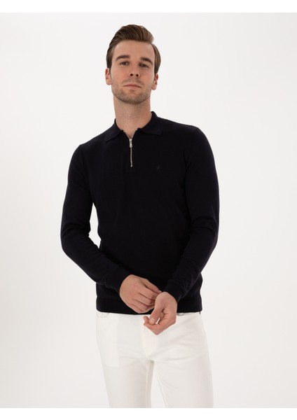 Erkek Lacivert Regular Fit Pamuk Karışımlı Fermuarlı Polo Yaka Basic Triko Kazak 50318721-VR033 modelleri