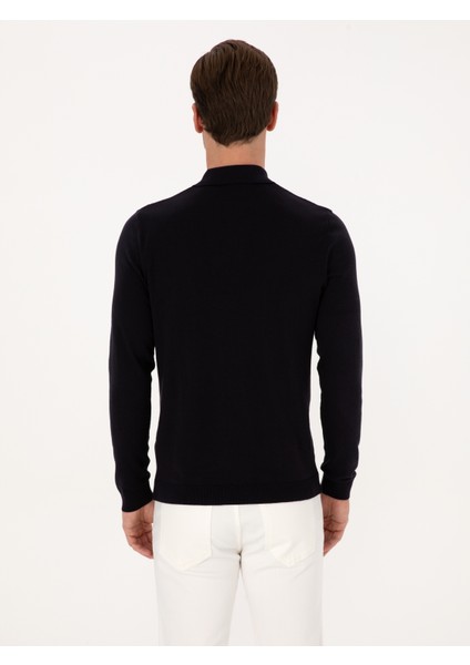 Erkek Lacivert Regular Fit Pamuk Karışımlı Fermuarlı Polo Yaka Basic Triko Kazak 50318721-VR033 indirimleri