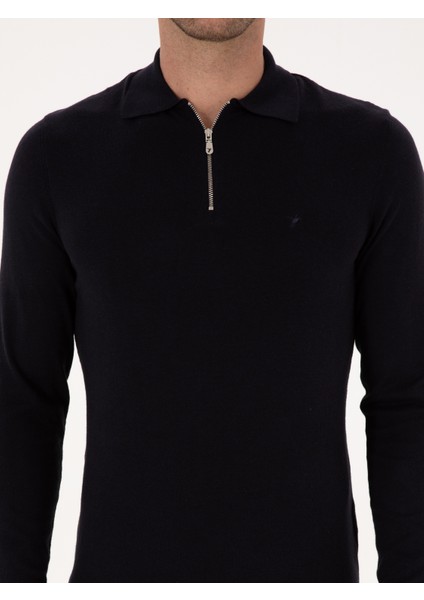 Erkek Lacivert Regular Fit Pamuk Karışımlı Fermuarlı Polo Yaka Basic Triko Kazak 50318721-VR033