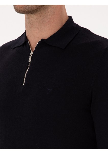 Erkek Lacivert Regular Fit Pamuk Karışımlı Fermuarlı Polo Yaka Basic Triko Kazak 50318721-VR033