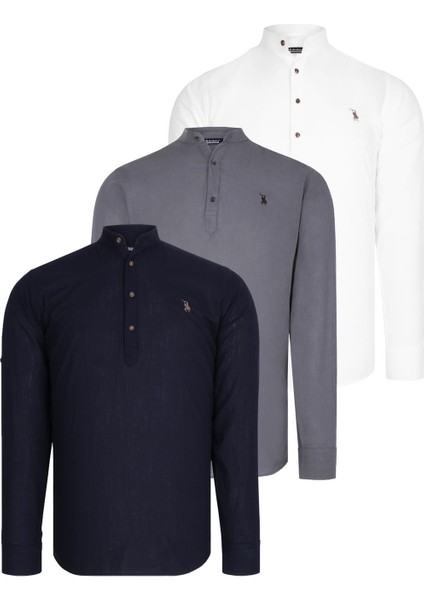 Üçlü Set G783 Dewberry Hakim Yaka Gömlek-Lacivert-Beyaz-Antrasit