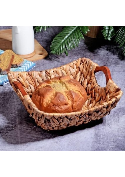 Wicker Serisi Bezli Kare Ahşap Kulplu Hasır Ekmek Sepeti