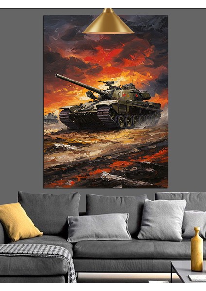 Gün Batımında Hızla Giden Tank Dekoratif Kanvas - Mdf Ahşap Tablo