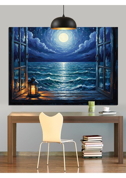 Dolunay Deniz Kenarı Manzarası Dekoratif Kanvas - Mdf Ahşap Tablo