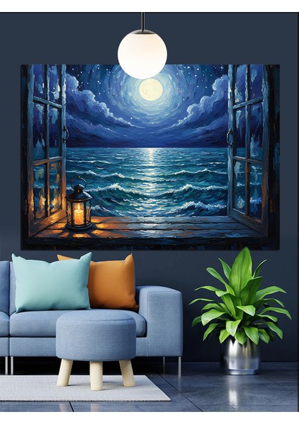 Dolunay Deniz Kenarı Manzarası Dekoratif Kanvas - Mdf Ahşap Tablo fiyatları