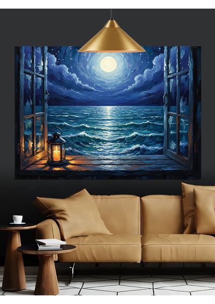 Dolunay Deniz Kenarı Manzarası Dekoratif Kanvas - Mdf Ahşap Tablo modelleri