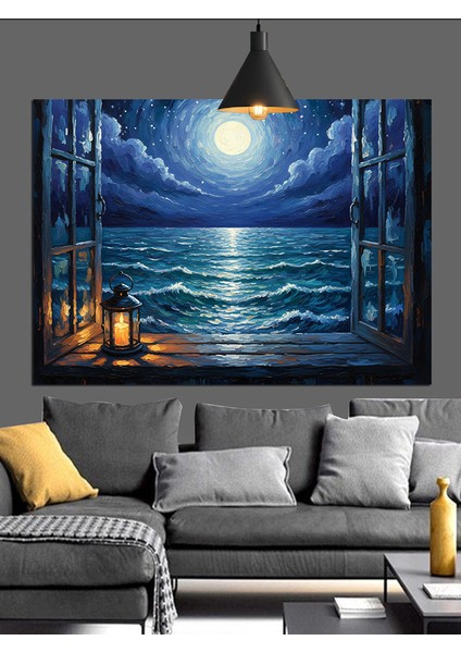 Dolunay Deniz Kenarı Manzarası Dekoratif Kanvas - Mdf Ahşap Tablo fırsatları